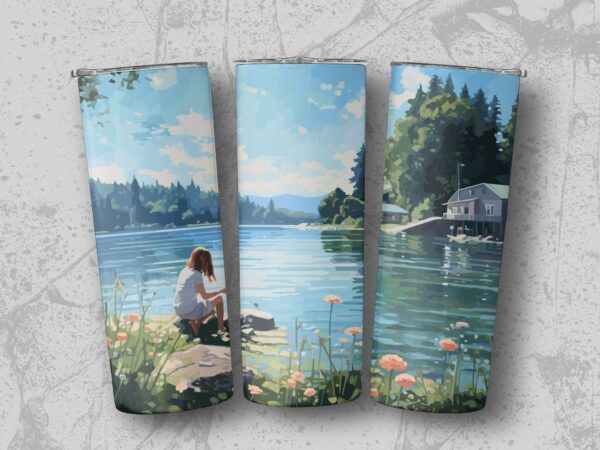 Serene Lakefront Scene with Cozy Cabins Tumblers